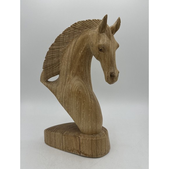 handmade Other - Hand Carved Wood Horse Head Statue Figure 12” Wooden Vintage